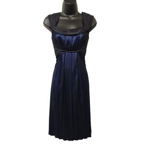 Elie Tahari Navy Blue Wool Satin Pleated Cowl Neck Sheath Dress E906A608 Size 6